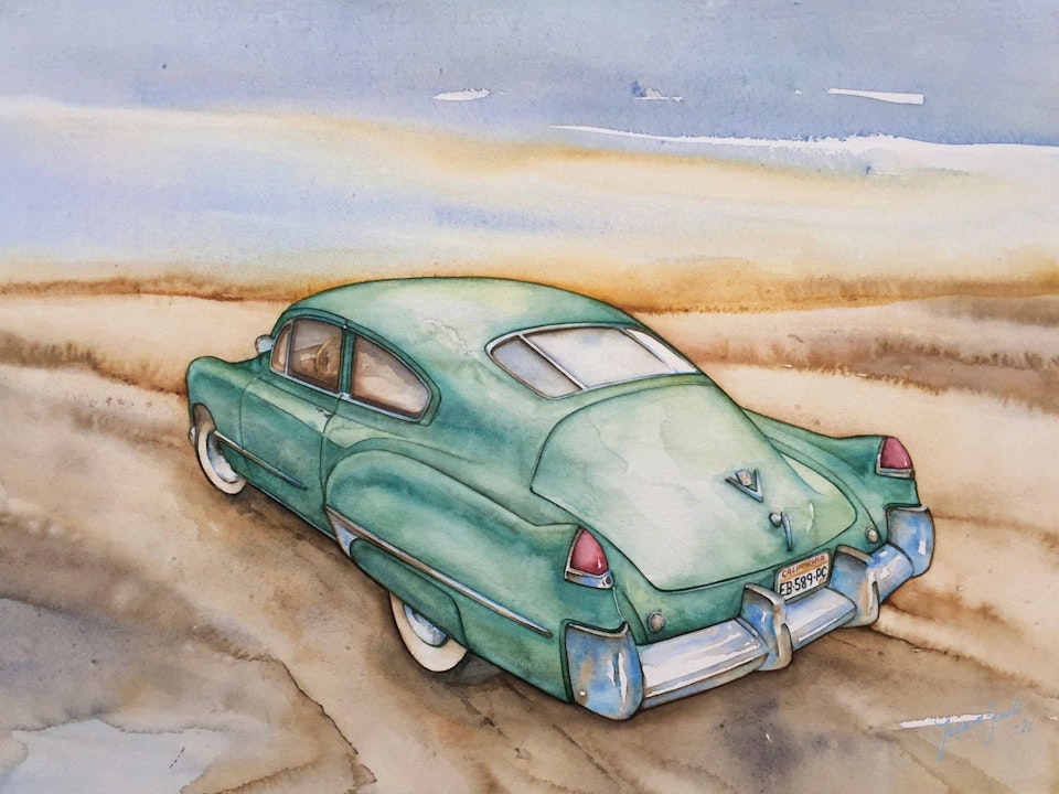 Akvarellmålning Cadillac Sedanette 1949 Grön