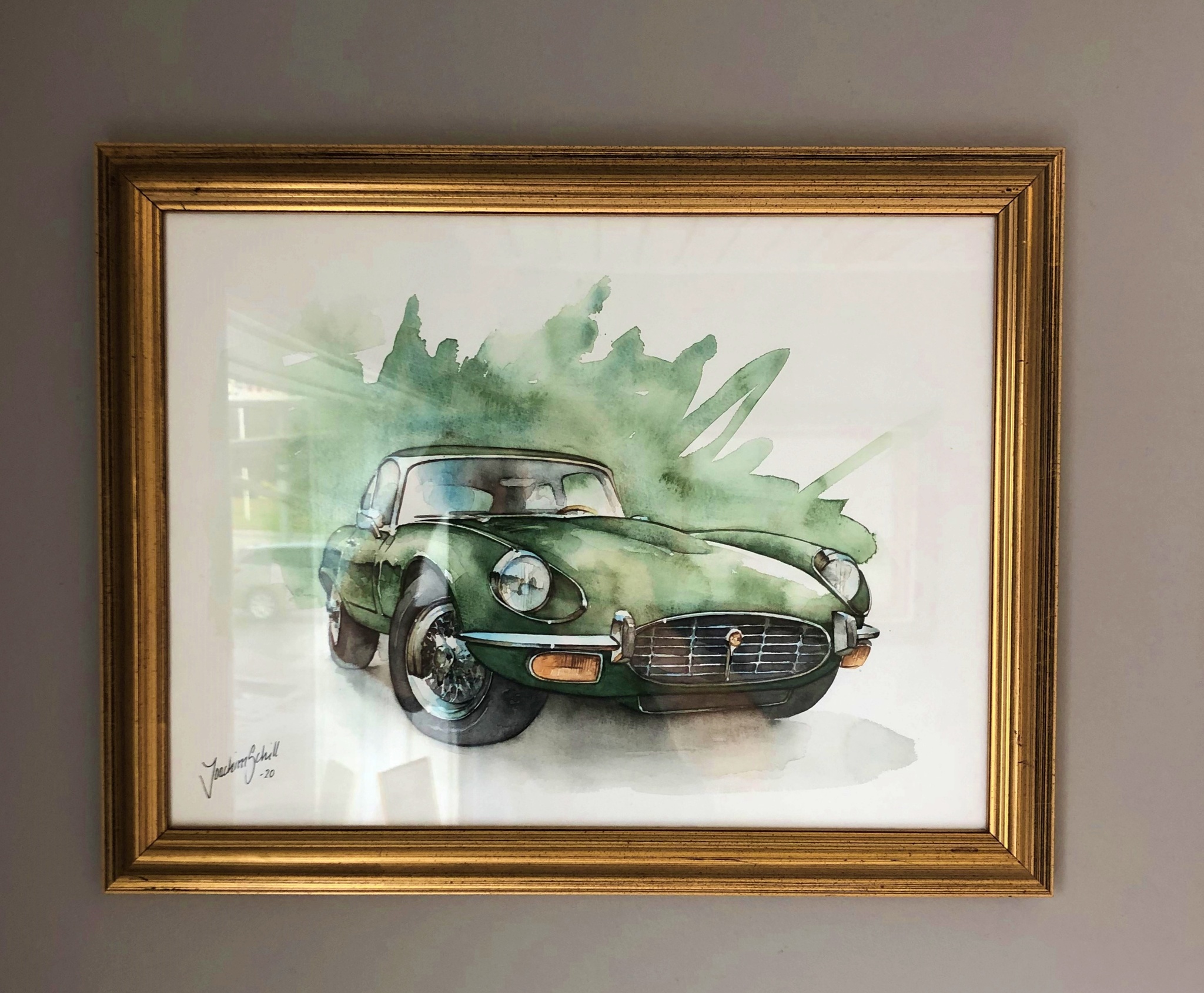Akvarellmålning Jaguar E-type Inramad