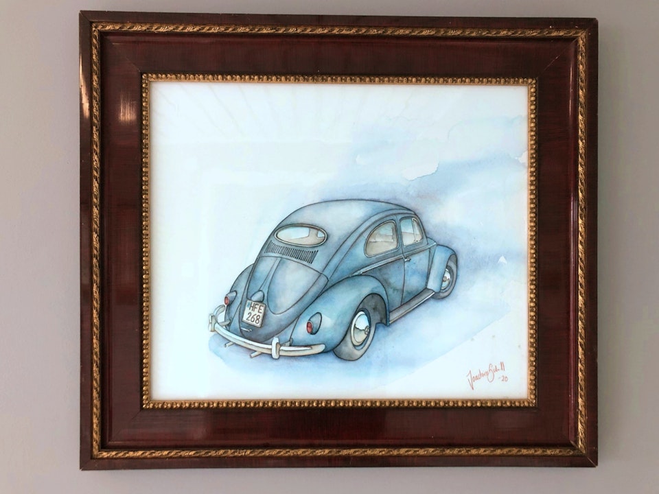 Inramad akvarellmålning Volkswagen Typ 1 Bubbla 1957