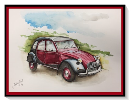 Akvarellmålning Citroën 2cv Charleston