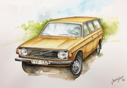Akvarellmålning Volvo 145 1973 Orange
