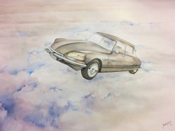 Akvarellmålning "Fly me to the moon" Citroën Ds