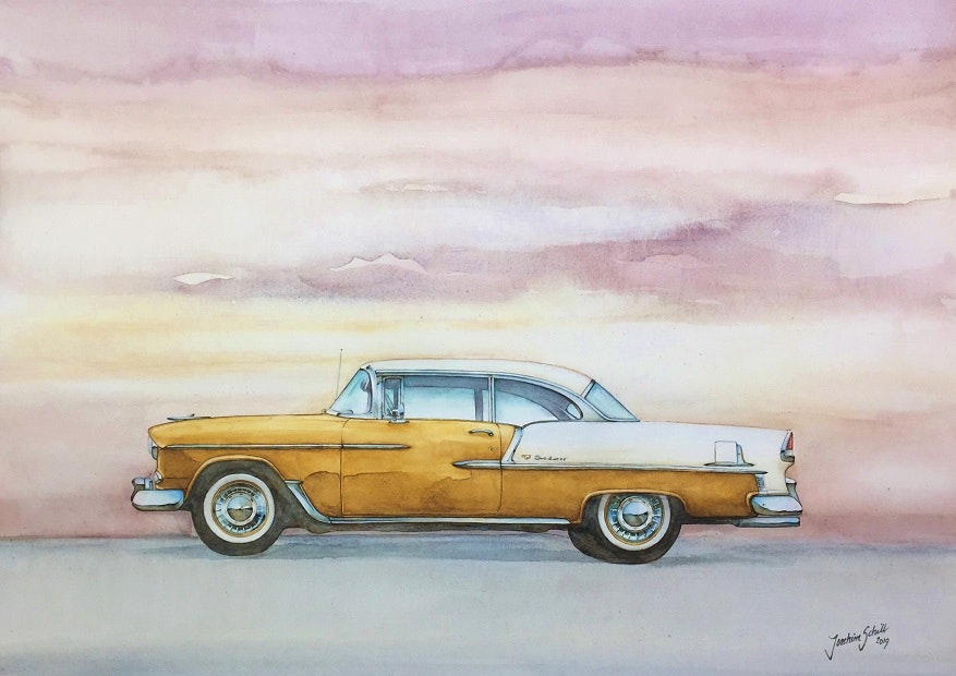 Akvarellmålning Chevrolet Bel Air 1955