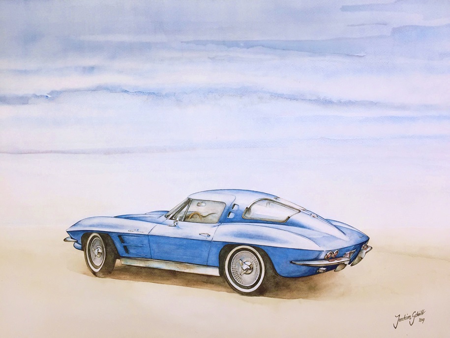 Akvarellmålning chevrolet Corvette 1963
