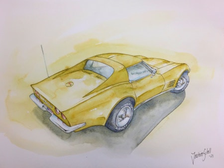 Akvarellmålning Corvette C3 Gul
