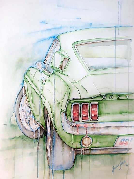 Akvarellmålning Ford Mustang 1967