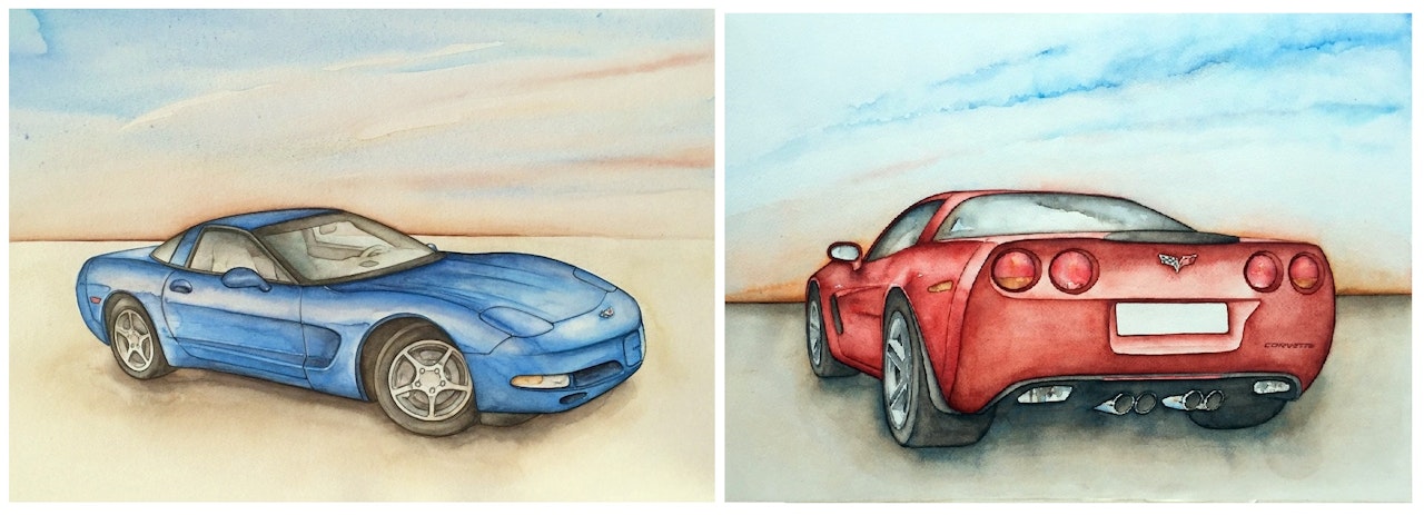Akvarellmålning Corvette paket C5 + C6