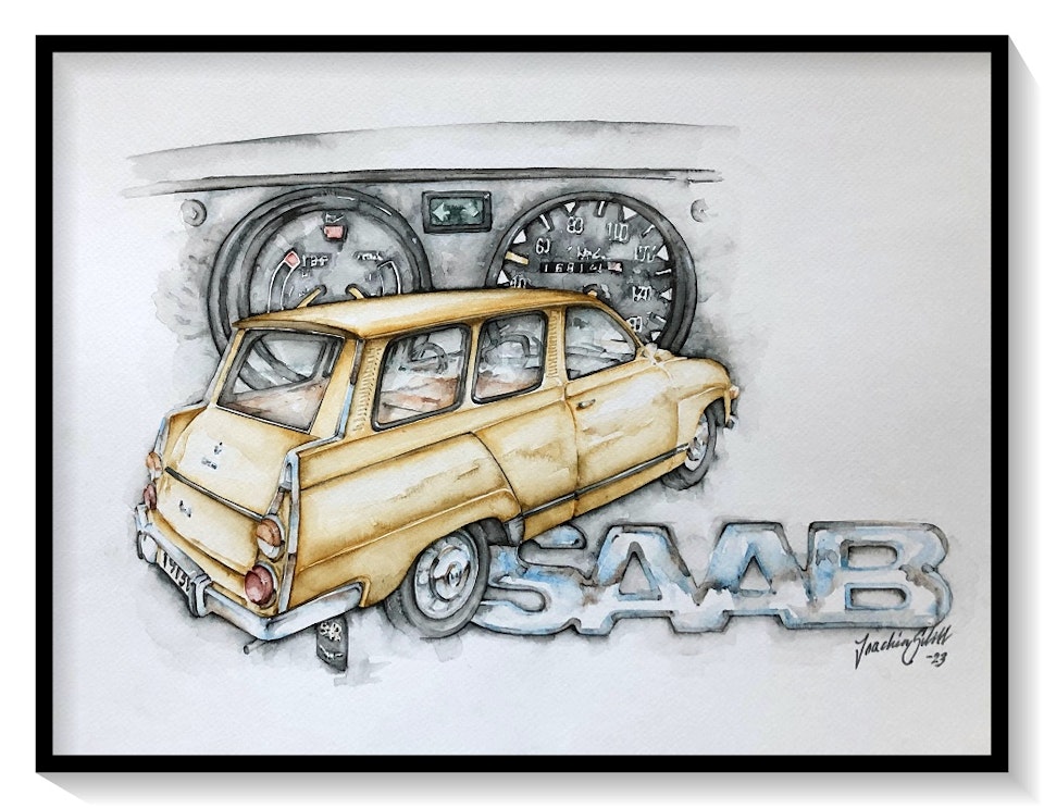 Akvarellmålning SAAB 95 Savannabeige