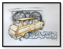 Akvarellmålning SAAB 95 V4 Savannabeige