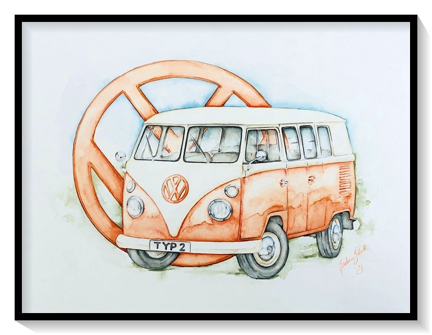 Akvarellmålning Volkvswagen buss, campingbuss TYp 2, folkvagnsbuss