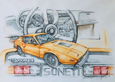 Akvarellmålning Saab Sonett