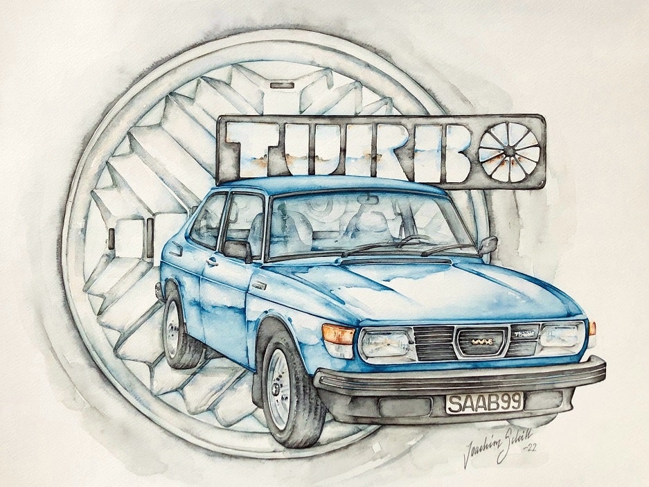 Akvarellmålning Saab 99 Turbo