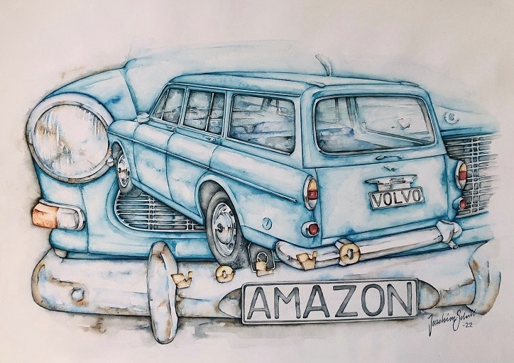 Akvarellmålning Volvo Amazon