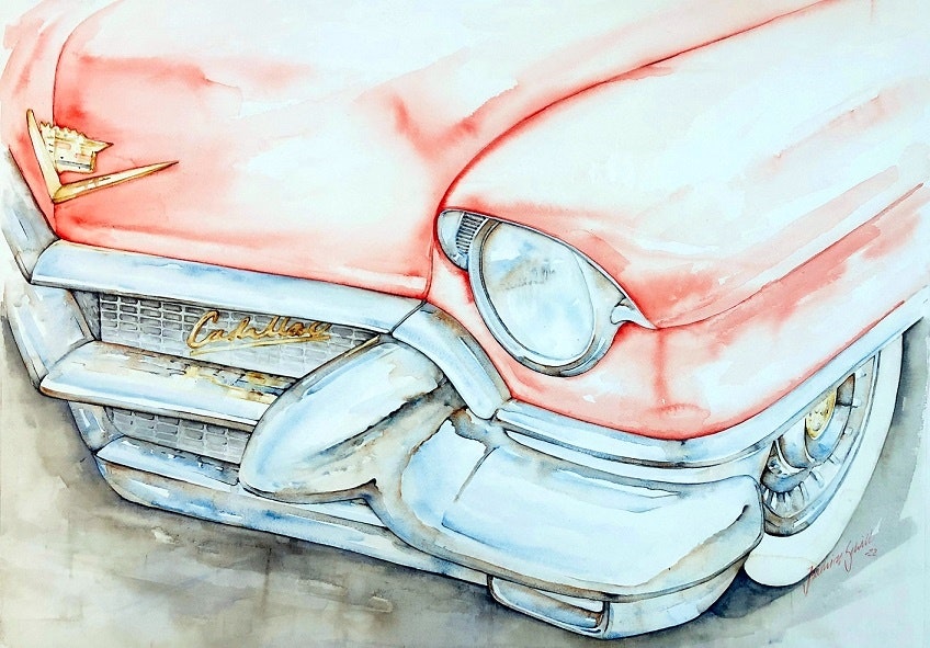 Akvarellmålning Cadillac 1956