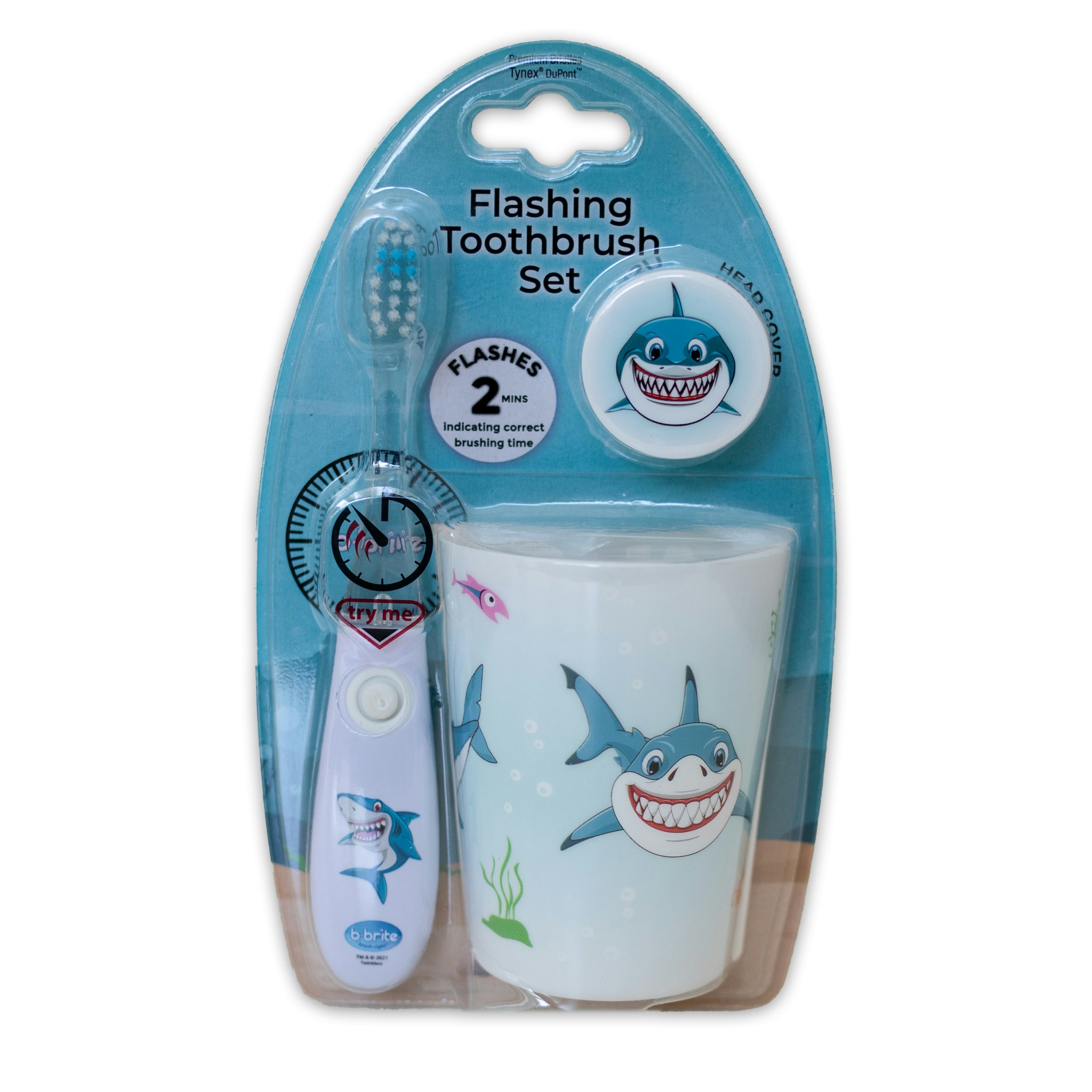B-brite Blinkande tandborstset 3-delar haj till barn - Leklyckan -  Leksaksleverantör, distributör och grossist för leksaker!