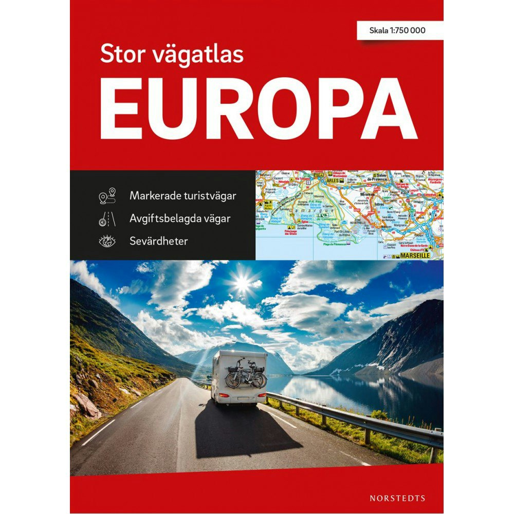 Aktuell vägatlas över Europa i större format.