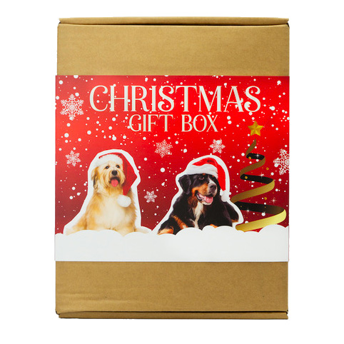 Box med tre presenter till hunden.