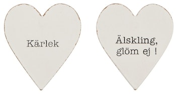 Kylskåpsmagnet i trä i form av ett hjärta med text, 2 varianter