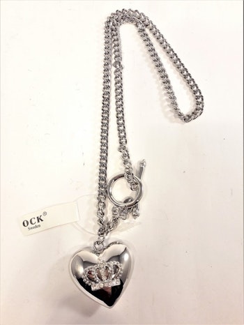 Halsband med hjärta och krona med strass, silverfärg