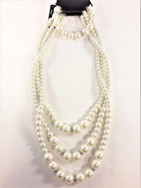 Set med treradigt halsband och armband i vita pärlor med strass