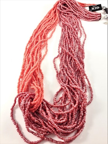 Flerradigt halsband av små pärlor, tvåfärgat röd