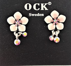 Emaljerat, rosa örhänge i form av fembladig blomma och strass