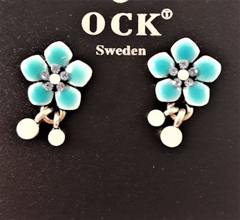 Emaljerat, turkos örhänge i form av fembladig blomma och strass