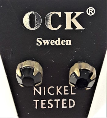 Örhängen, runda med glittrande svart sten, ca 7 mm