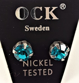 Örhängen, runda med glittrande turkos sten, ca 7 mm