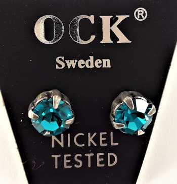 Örhängen, runda med glittrande turkos sten, ca 7 mm