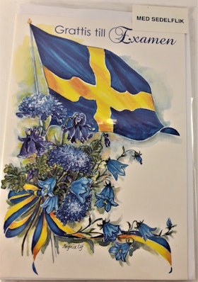 Grattiskort "Grattis till Examen" med blå blommor