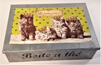 Plåtburk med kattmotiv med fack
