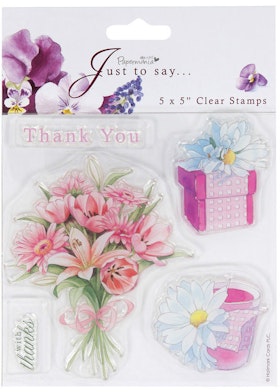 Papermania 5x5" sheet with 5 clear stamps bouquet of Flowers Thank You gift box