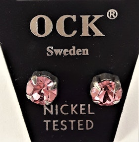 Örhängen, runda med glittrande rosa sten, ca 7 mm