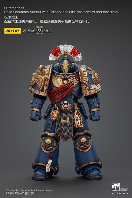 Warhammer 40,000: Space Marine 2 Ultramarines Relic Secundus Armor with Artificer Bolt Rifle, Chainsword and Bolt Pistol 1/18 Scale Action Figure