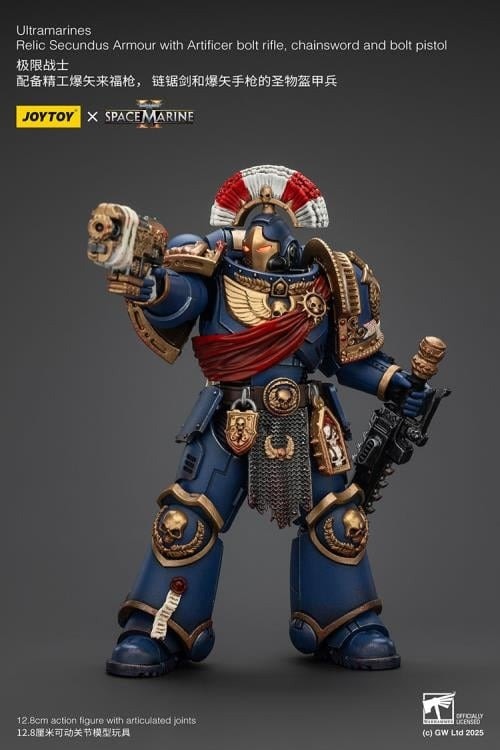 Warhammer 40,000: Space Marine 2 Ultramarines Relic Secundus Armor with Artificer Bolt Rifle, Chainsword and Bolt Pistol 1/18 Scale Action Figure
