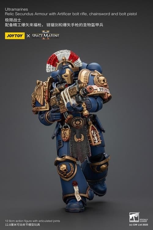 Warhammer 40,000: Space Marine 2 Ultramarines Relic Secundus Armor with Artificer Bolt Rifle, Chainsword and Bolt Pistol 1/18 Scale Action Figure