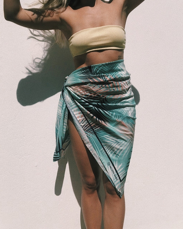 HELENA SAND stunning sarong of cotton/silk in aqua blue color & palm leaf pattern