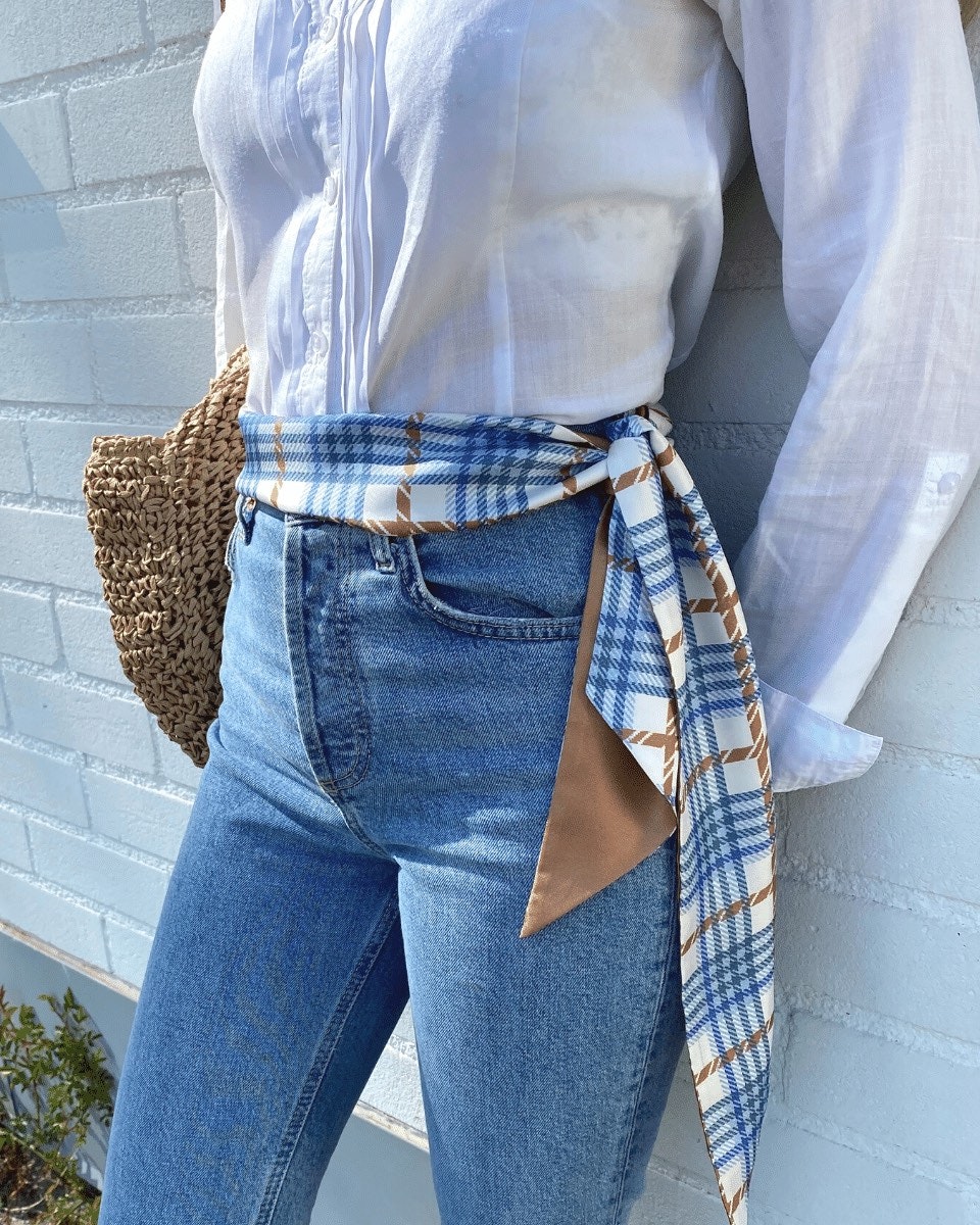 Checked silk scarf from HELENA SAND in lovely denim, white and camel brown. The long twilly makes it ideal to style and vary  for many occasions.