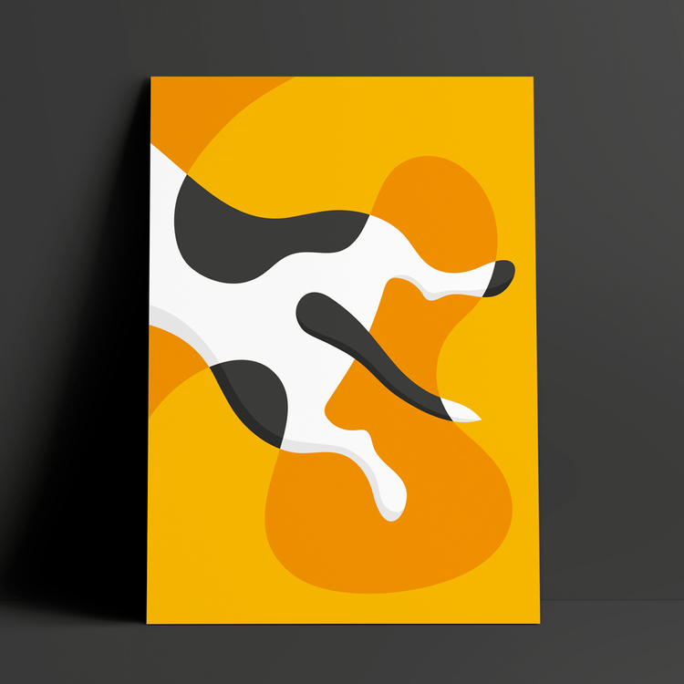 Poster med motivet Stafferumpa – bakdelen på en hund som ligger och sover pladask på magen. Hunden är vit med svarta fläckar och av rasen Staffordshire bullterrier. Färg: gul och orange.