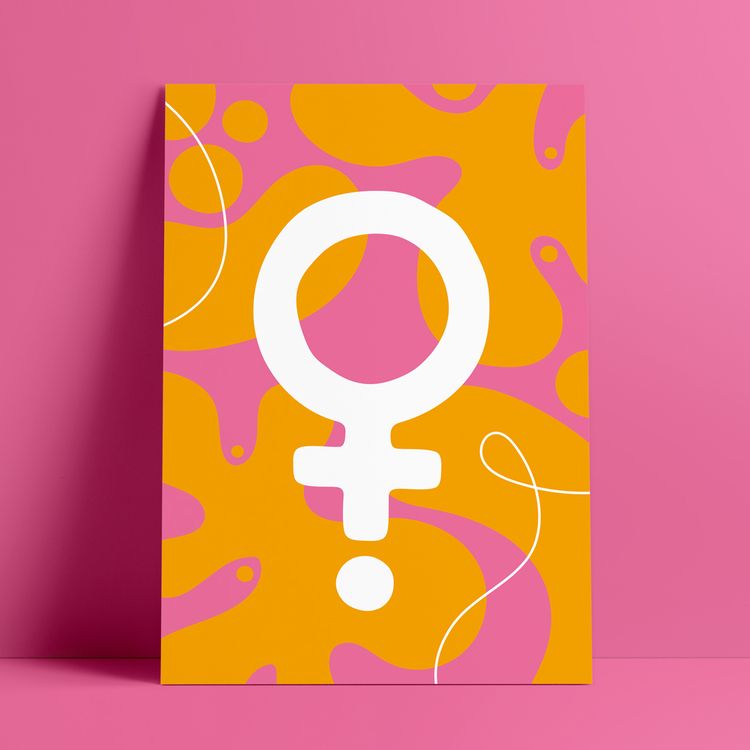 Poster med motivet Venus – en vit venussymbol / kvinnosymbol / feministsymbol med ett lekfullt blobbigt mönster bakom. Färg: rosa och orange.