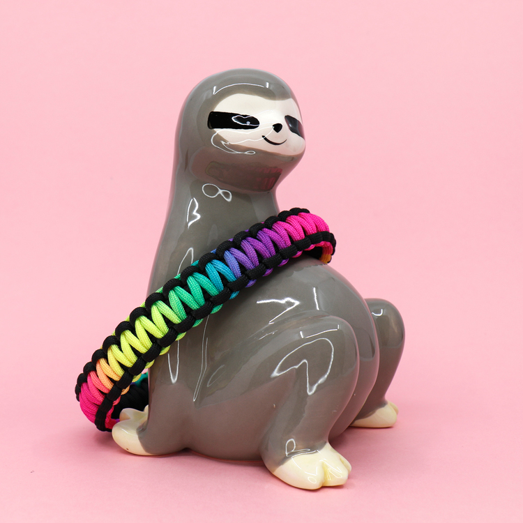 Regnbågsfärgat hundhalsband knutet för hand i paracord – en väldigt slitstark nylonlina. Modell: sengångare.