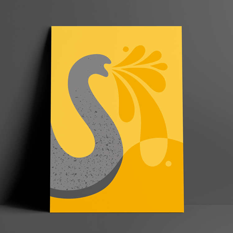 Poster med det lekfulla motivet Snabel – en elefantsnabel som sprutar vatten. Färg: gul.
