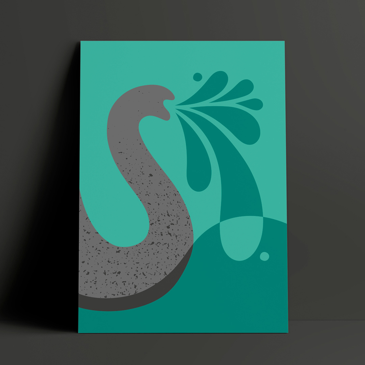 Poster med det lekfulla motivet Snabel – en elefantsnabel som sprutar vatten. Färg: turkos.