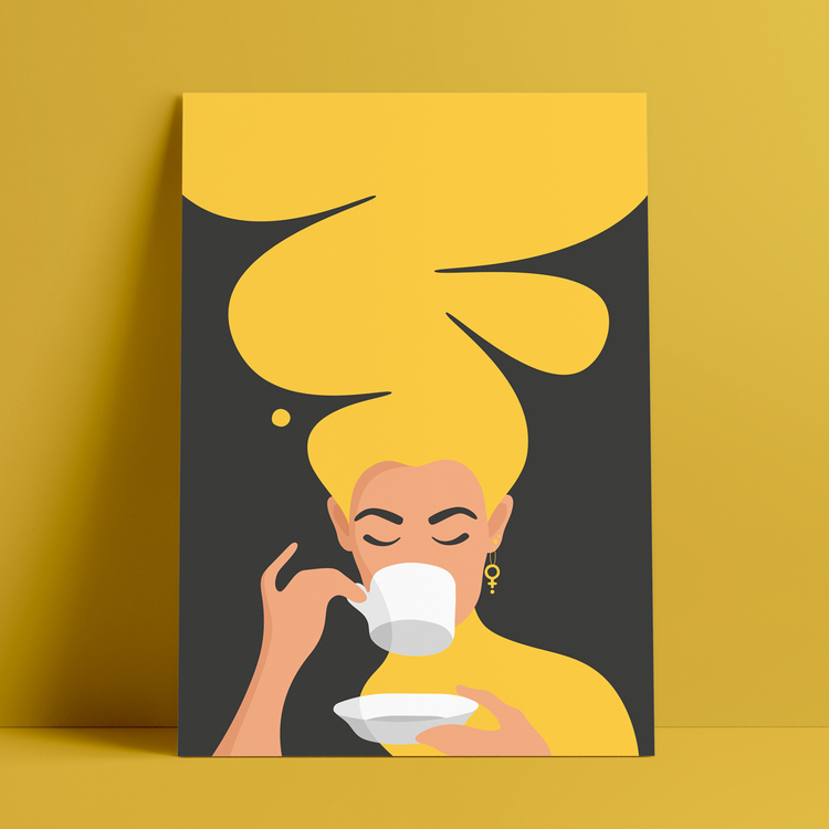 Poster med motiv av en kvinna, med stort gult hår och feministörhängen, som dricker kaffe – den så kallade Kaffekvinnan.
