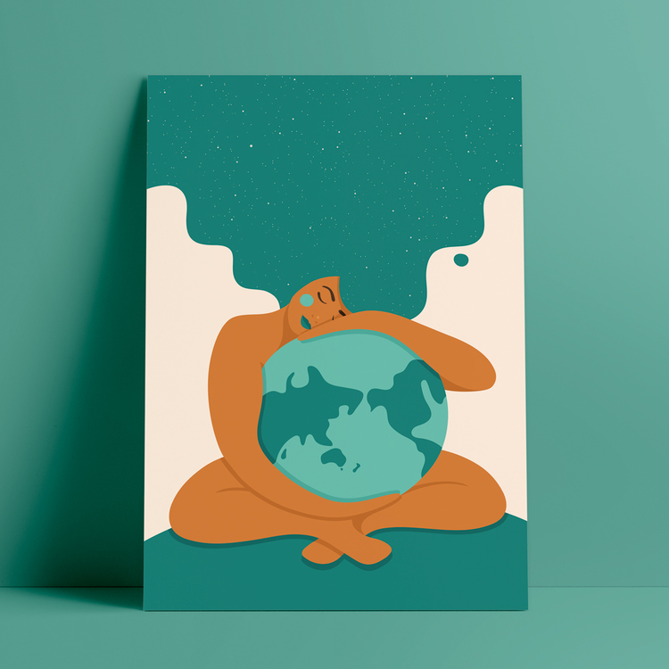Poster med motivet Moder Jord – en kvinna som omfamnar vår planet Jorden. Kvinnan har stort böljande hår som blir som en stjärnhimmel. Färg: turkos.