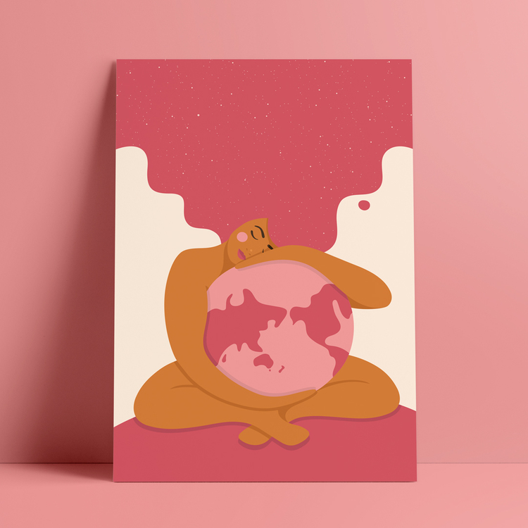 Poster med motivet Moder Jord – en kvinna som omfamnar vår planet Jorden. Kvinnan har stort böljande hår som blir som en stjärnhimmel. Färg: rosa.