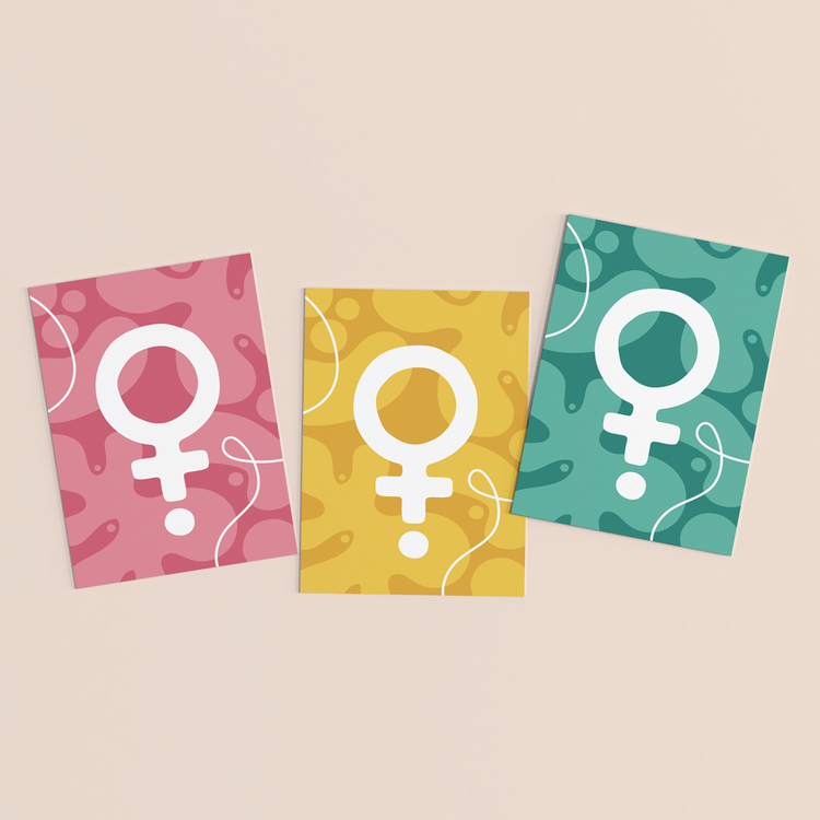Vykort i 3-pack. Motiv: Venus (venussymbol / kvinnosymbol / feministsymbol). Färg: rosa, gul och turkos.