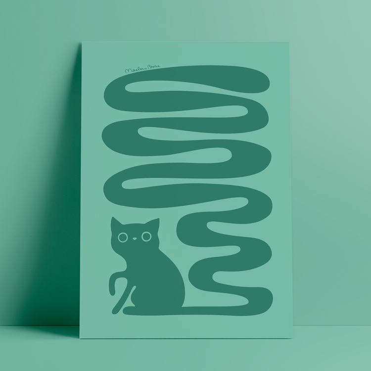 Poster med motivet Svanskatt – en katt med lång slingrande svans. Färg: turkos.