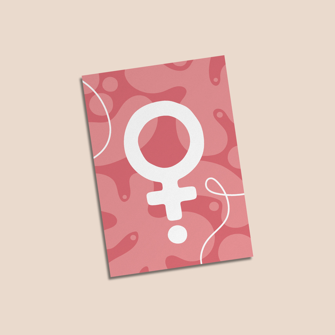 Vykort i storlek A6 med motivet Venus – en venussymbol / kvinnosymbol / feministsymbol med bubblig och lekfull bakgrund. Färg: rosa.